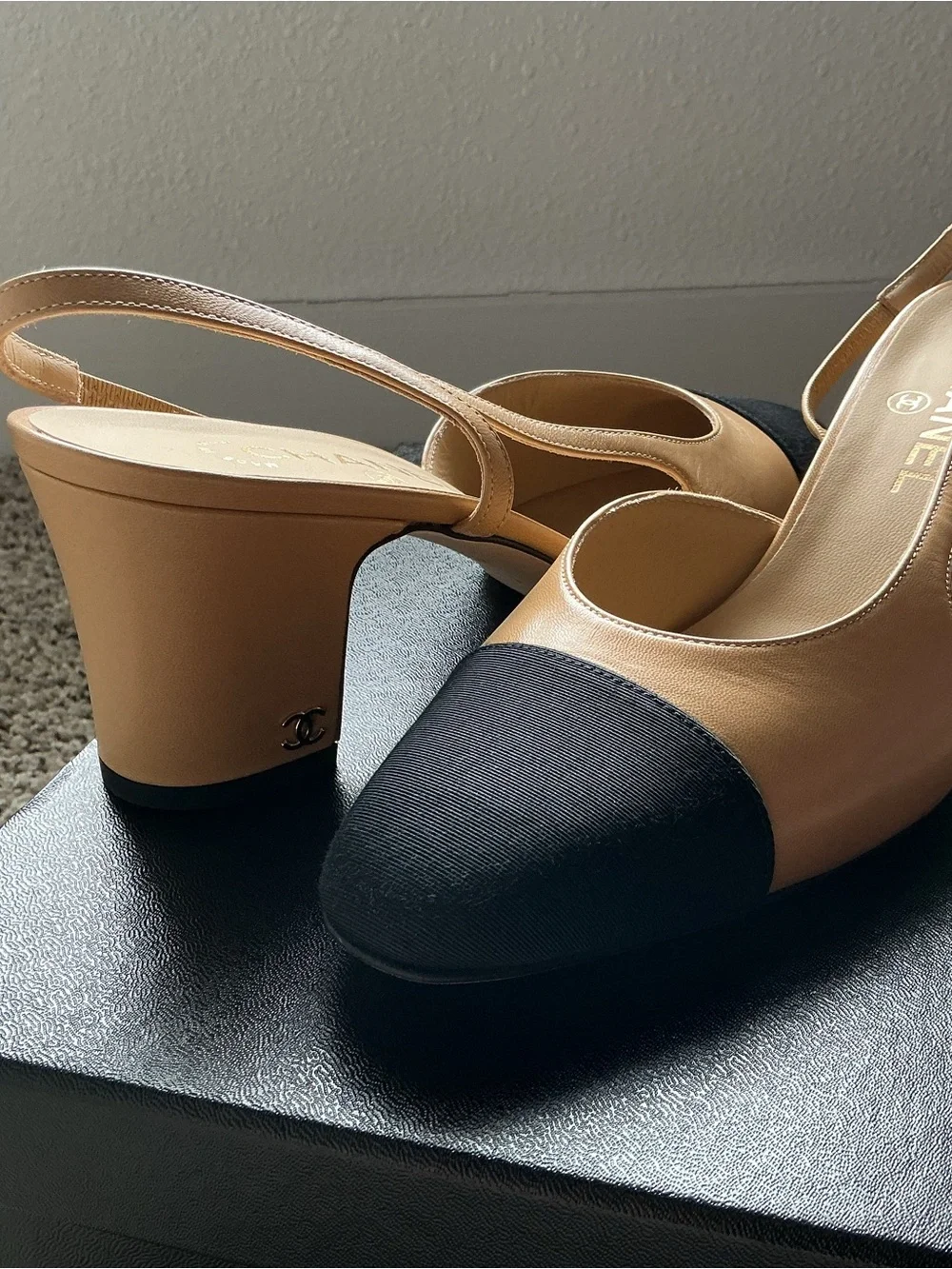 CHANEL Beige and Black Slingback Heels
